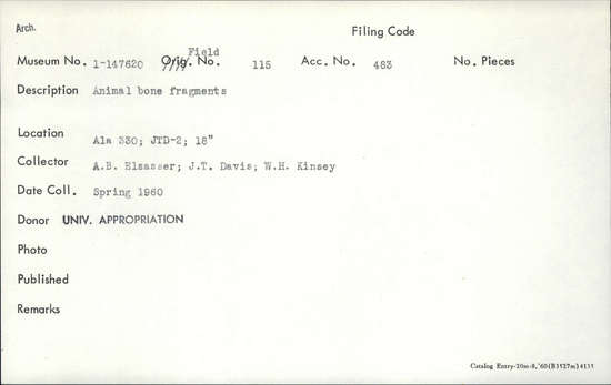 Documentation associated with Hearst Museum object titled Faunal remains, accession number 1-147620, described as Animal.