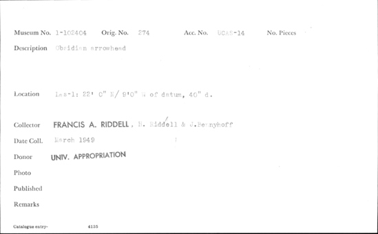 Documentation associated with Hearst Museum object titled Projectile point, accession number 1-102404, described as Obsidian.