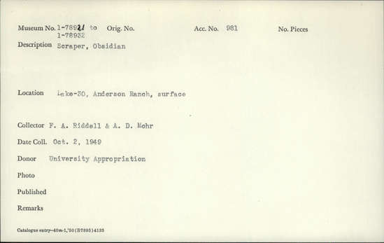 Documentation associated with Hearst Museum object titled Scraper, accession number 1-78929, described as Obsidian.