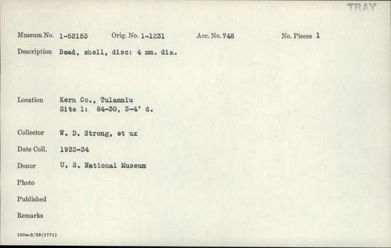 Documentation associated with Hearst Museum object titled Bead, accession number 1-52153, described as Shell, disc.