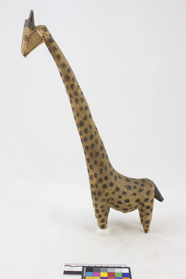 Hearst Museum object 2 of 2 titled Wooden giraffe, accession number 5-1547, described as Carved wooden giraffe; height: 18" 45.72 cm Made during pre-Boer war period