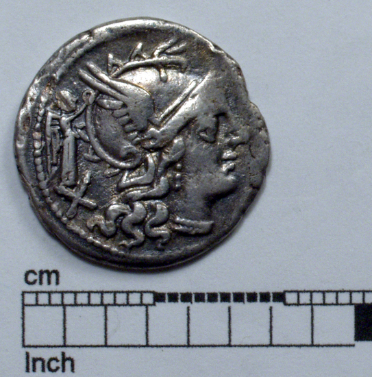 Hearst Museum object titled Coin: ar denarius, accession number 8-4460, described as Coin; AR; Denarius; 3.56 grams, 20 mm. C. Terentius Lucanus, 135-134 BC. Obverse: Head of Roma r., Victory behind standing, holding wreath; to left, X. Reverse: Dioscuri riding facing right; below, C.TER.(nex.)LVC; in exergue, ROMA.