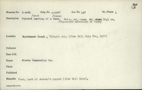 Documentation associated with Hearst Museum object titled Totemic carving, accession number 2-4691, described as Painted wood carving of a human face. Unpainted extension at base; green, red and black.