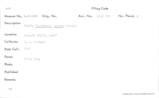 Documentation associated with Hearst Museum object titled Shell, accession number 1-148684, described as Goniobasis occata (Hinds).