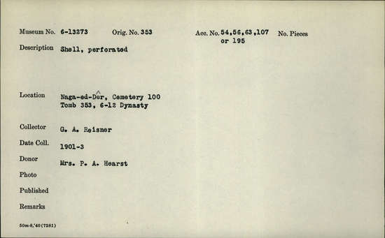 Documentation associated with Hearst Museum object titled Shell, accession number 6-13273, described as Clam shell, perforated