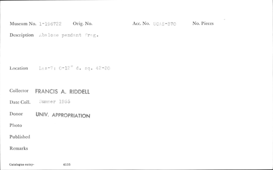 Documentation associated with Hearst Museum object titled Pendant fragment, accession number 1-196722, described as Abalone.