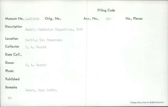 Documentation associated with Hearst Museum object titled Commemorative medal, accession number 1-223946, described as Medal; Midwinter Exposition; 1894.