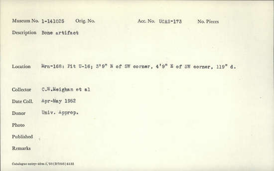 Documentation associated with Hearst Museum object titled Worked bone, accession number 1-141025, described as Bone artifact. Notice: Image restricted due to its potentially sensitive nature. Contact Museum to request access.