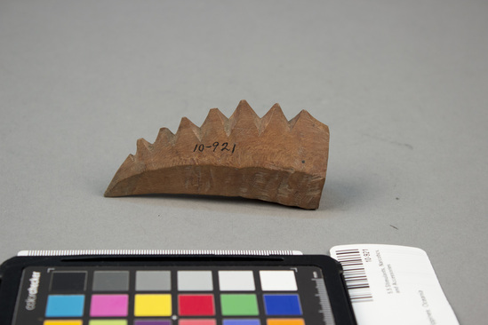 Hearst Museum object titled Pipe, accession number 10-921, described as Pipe bowl; carved wood; beak shaped; serrated edge