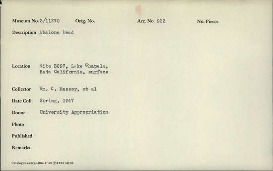 Documentation associated with Hearst Museum object titled Bead, abalone, accession number 3-11270, described as Abalone bead.