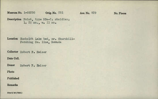 Documentation associated with Hearst Museum object titled Point, accession number 1-65230, described as Obsidian. Type NBa-2.