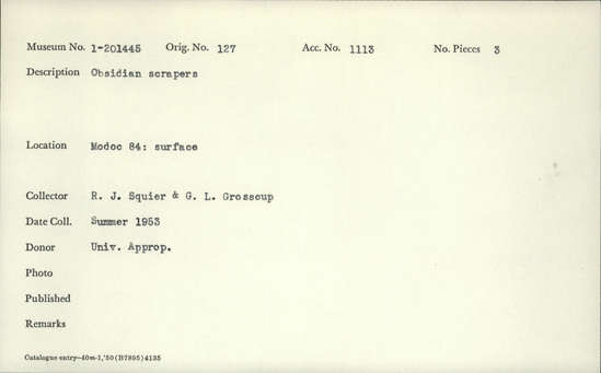 Documentation associated with Hearst Museum object titled Scrapers, accession number 1-201445, described as obsidian scrapers