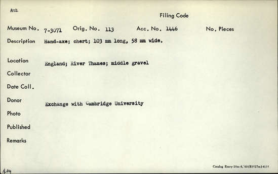 Documentation associated with Hearst Museum object titled Handaxe, accession number 7-3071, described as Hand-axe, chert