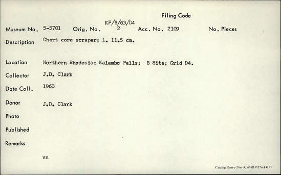 Documentation associated with Hearst Museum object titled Scraper, accession number 5-5701, described as chert core scraper; length 11.5 cm