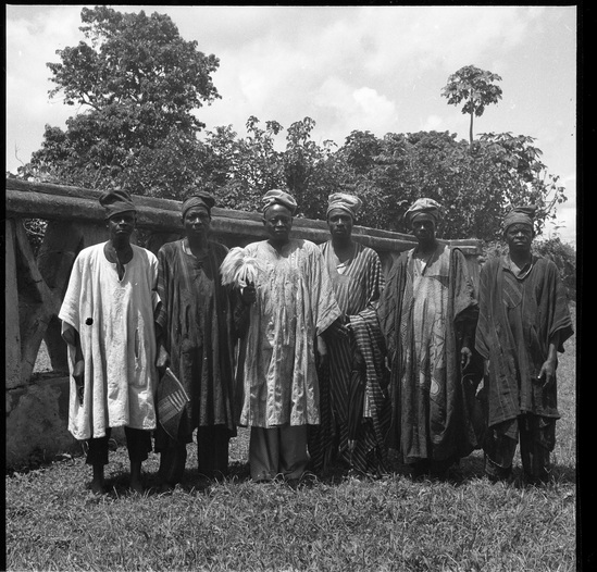 Hearst Museum object titled Black-and-white negative, accession number 15-31216, described as Black-and-white negative, Nigeria, Ekiti, Gentlemen of the town, 1951