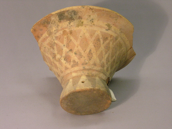 Hearst Museum object 3 of 4 titled Broken bowl, accession number 4-3200, described as Flaring flat-bottomed bowl, red design on lip. Broken