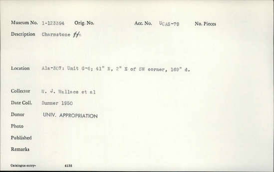 Documentation associated with Hearst Museum object titled Charmstone, accession number 1-123394, described as Charmstone.