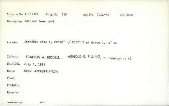 Documentation associated with Hearst Museum object titled Worked bone, accession number 1-107147, described as Pointed bone.