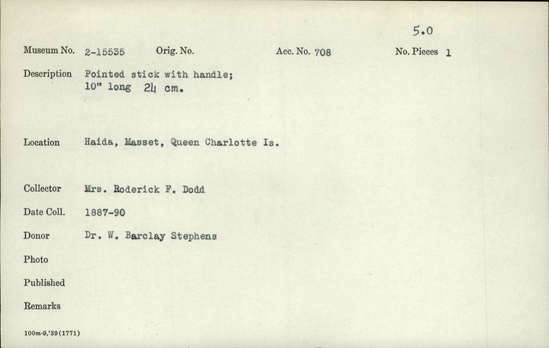 Documentation associated with Hearst Museum object titled Stick, accession number 2-15535, described as Pointed stick with handle.