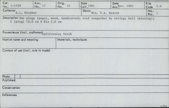 Documentation associated with Hearst Museum object titled Plugs, accession number 1-1430, described as Stick game tossel, wood handcarved; tied together by string. Ball (missing).