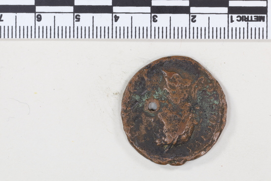 Hearst Museum object 7 of 8 titled Coin: æ as, accession number 8-6092, described as Coin; Æ; aes grave; as; Antoninus Pius (M. Aurelius) - 10.06 grams. Obverse: ANTONINVS AVG [PIVS]P[P] - Head laureate, facing right. Reverse: AVRELIVS CAES AVG PII F COS DES, SC in exergue - Bust draped facing right, head bare.