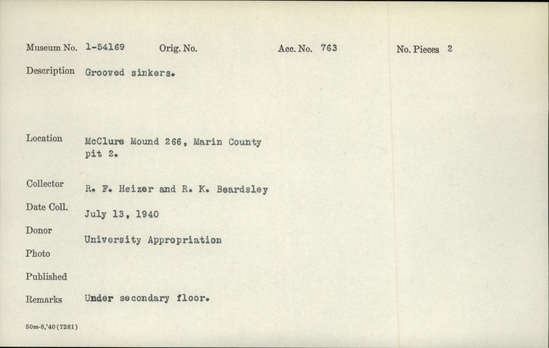 Documentation associated with Hearst Museum object titled Sinkers, accession number 1-54169, described as Grooved. Notice: Image restricted due to its potentially sensitive nature. Contact Museum to request access.
