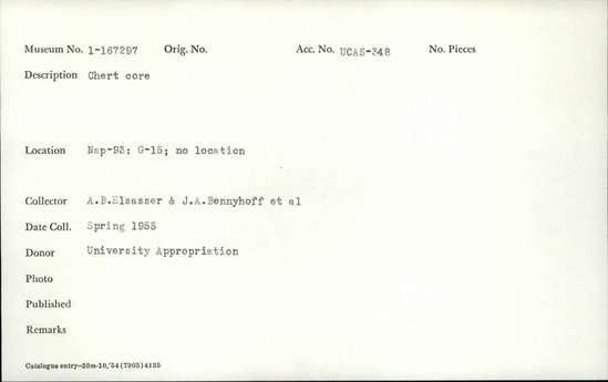 Documentation associated with Hearst Museum object titled Core, accession number 1-167297, described as Chert.