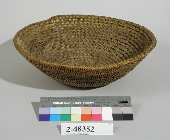 Hearst Museum object 2 of 2 titled Basket, accession number 2-48352, described as Coiled, basin shaped; thick 3 rod foundation of whole shoots; faded brown designs and light ground in split shoot sewing strands.