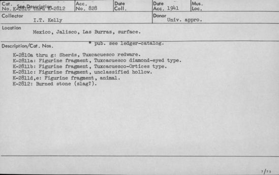 Documentation associated with Hearst Museum object titled Potsherds, accession number K-2810, described as a-g) Sherd; Tuxcacuesco redware.