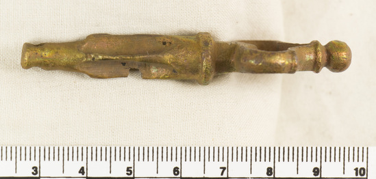 Hearst Museum object 5 of 6 titled Key, accession number 8-5337, described as Key, bronze handle, bronze shank no beard 70 mm