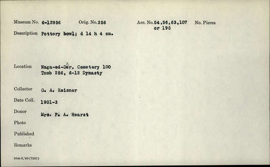 Documentation associated with Hearst Museum object titled Bowl, accession number 6-12956, described as Pottery bowl; diameter 14 cm height 4 cm.