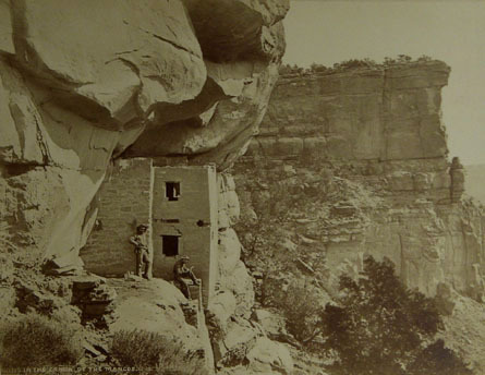 Hearst Museum object titled Black-and-white print, accession number 13-1319, described as Mounted photograph. Ruins in Cañon of the Mancos.