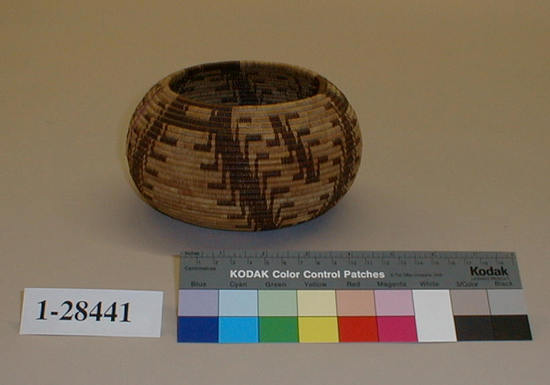 Hearst Museum object titled Basket, accession number 1-28441, described as Coiled, globose.  All-over brown design.