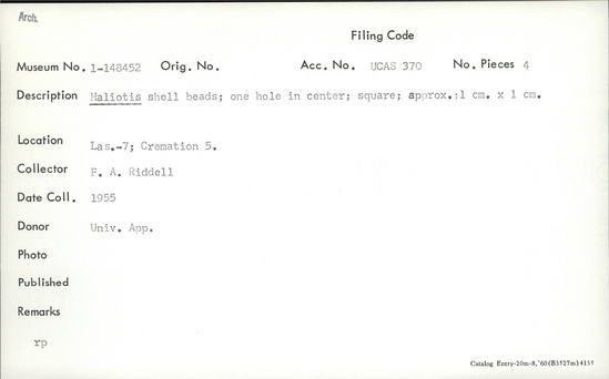 Documentation associated with Hearst Museum object titled Beads, accession number 1-148452, described as Haliotis shell beads; one hole in center; square.