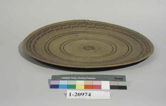 Hearst Museum object titled Basket tray, accession number 1-20974, described as Tray basket; coiled. Warp is Epicampes (Sporobolus rigens), weft is Willow (Salix). Red pattern is Yucca. Black pattern is Devil's horn (Proboscidea althaeifolia). Concentric decorations consisting of brown circle at center, two circles between center and border and outer band of zigzag or stepped lines.