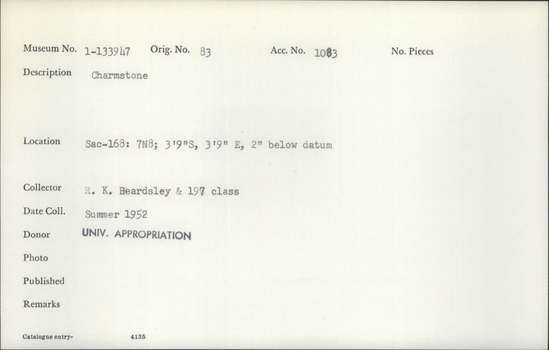 Documentation associated with Hearst Museum object titled Charmstone, accession number 1-133947, described as Charmstone.