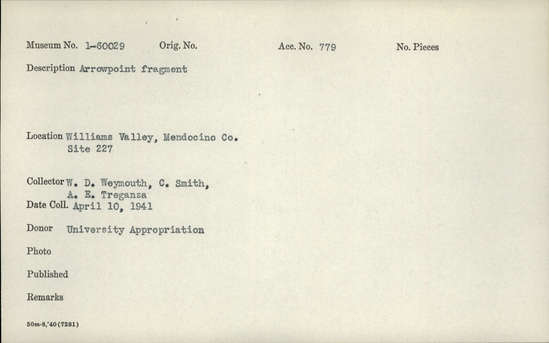 Documentation associated with Hearst Museum object titled Projectile point fragment, accession number 1-60029, described as Arrowpoint fragment