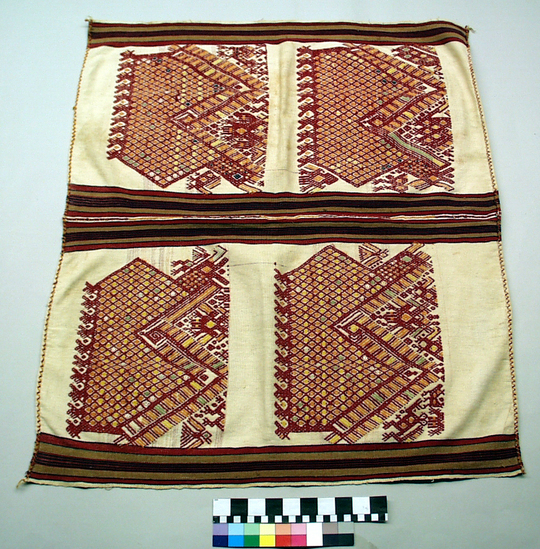 Hearst Museum object titled Tzute, accession number 3-35, described as Woman’s shawl and headdress (Xute); 3-35 wool and cotton; brocaded; multicolored with white background; approximately 88 cm x 77 cm; 3-36 white wool brocaded with red and yellow cotton with tassels on the corners; approximately 60 cm x 60 cm Remarks: "The Xute is used by both men and women, wrapped around the head;  when large enough, around the shoulders"