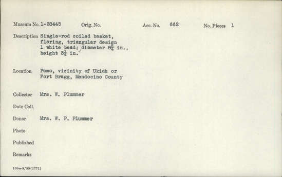Documentation associated with Hearst Museum object titled Basket, accession number 1-28445, described as Single-rod coiled basket.  Flaring, triangular design, 1 white bead.