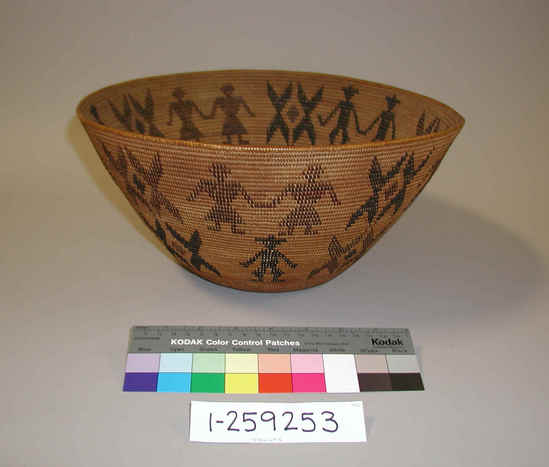 Hearst Museum object titled Basket, accession number 1-259253, described as Per ledger: "Basket. Inverted oval. Anthropomorphic & abstract patterned. 2 levels. H. 15.5cm x w. 32.5cm. Yokuts.