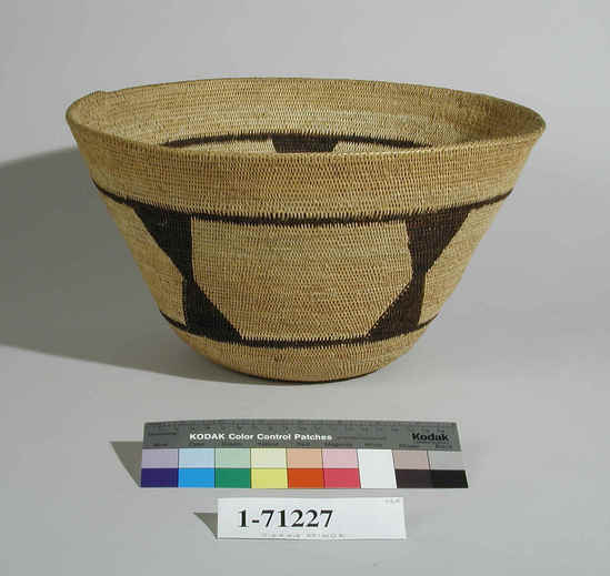 Hearst Museum object 1 of 2 titled Basket, accession number 1-71227, described as Coiled, with wide mouth and sloping sides. Decoration: horizontal band of 5 inverted diamond or hourglass figures in solid brown, bordered by thin brown lines encircling basket. Single-rod coiling with interlocking stitches.