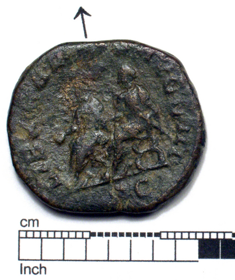 Hearst Museum object 6 of 8 titled Coin: æ sestertius, accession number 8-6355, described as Coin: Sestertius; Æ; Philip I (?) - 15.02 grms. Obverse: IMP MI ... AVG - Bust facing right laureate, draped. Reverse: LIBERTA[LITAS A]VGG - III, SC in exergue - Philip I and II seated facing left on curule chairs, each holding scepter and abacus.