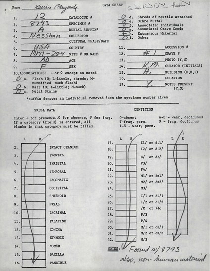 Documentation associated with Hearst Museum object titled Human remains, accession number 12-8743A, described as The remains of an adult female.