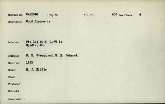 Documentation associated with Hearst Museum object titled Wood fragments, accession number 2-12348, described as Wood fragments