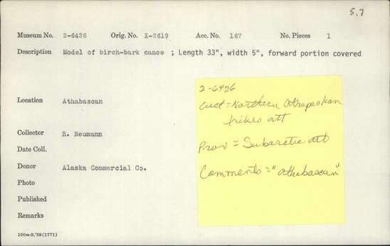 Documentation associated with Hearst Museum object titled Canoe model, accession number 2-6426, described as Model of birch-bark canoe.  Forward portion covered.