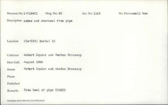 Documentation associated with Hearst Museum object titled Ashes and charcoal, accession number 1-215621, described as Ash and charcoal from pipe.