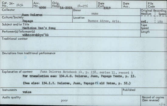 Documentation associated with Hearst Museum object titled Audio recording, accession number 24-2434, described as Medicine Man's Song Notebook 14, p. 158 Series 11, Record 3