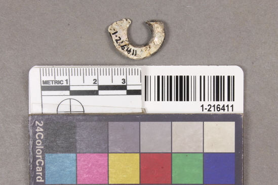 Hearst Museum object titled Fishhook fragment, accession number 1-216411, described as Curved abalone shell fish hook fragment.