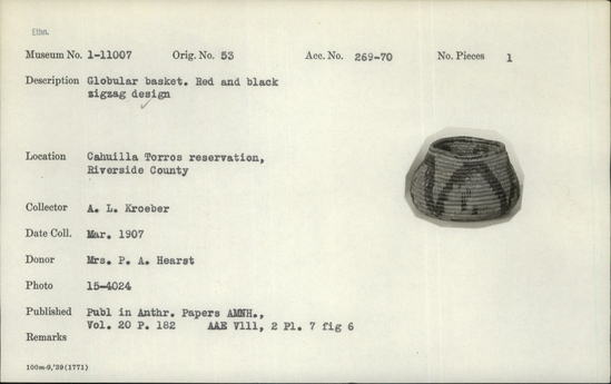 Documentation associated with Hearst Museum object titled Basket, accession number 1-11007, described as Globular. Red and black zigzag design.