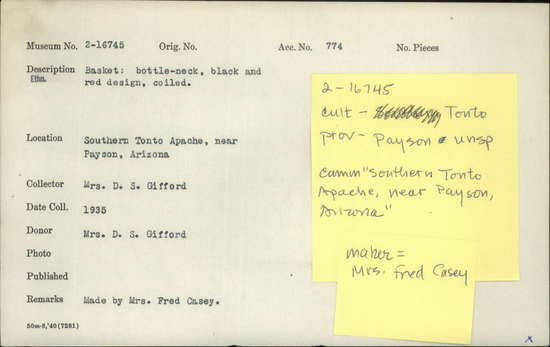 Documentation associated with Hearst Museum object titled Basket, accession number 2-16745, described as Bottle neck, black and red design, coiled.